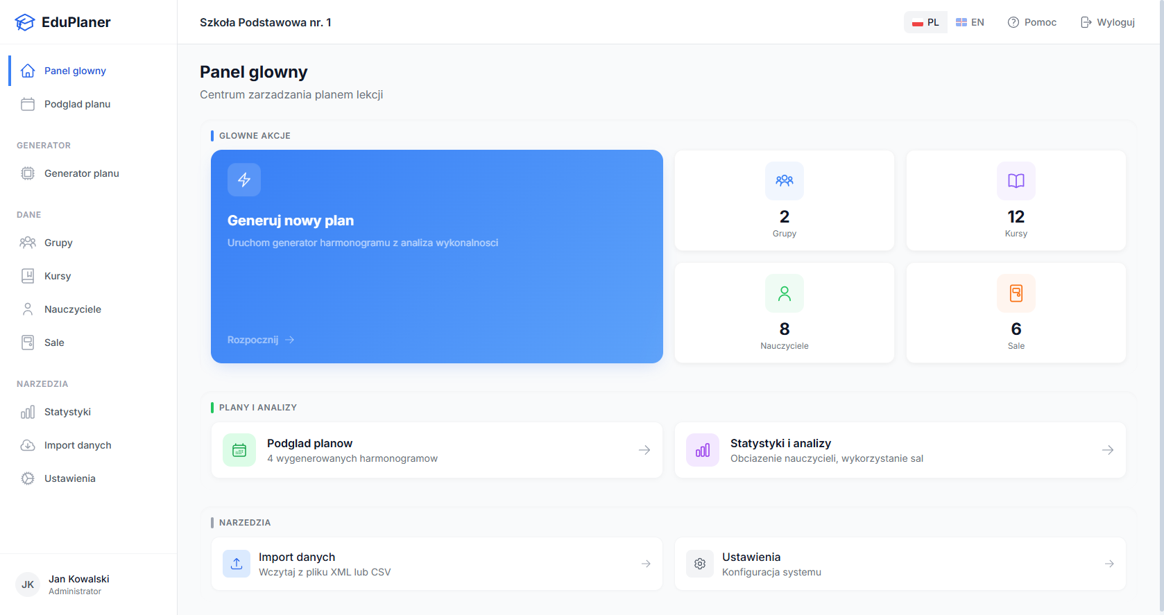 EduPlaner main dashboard showing quick actions and overview