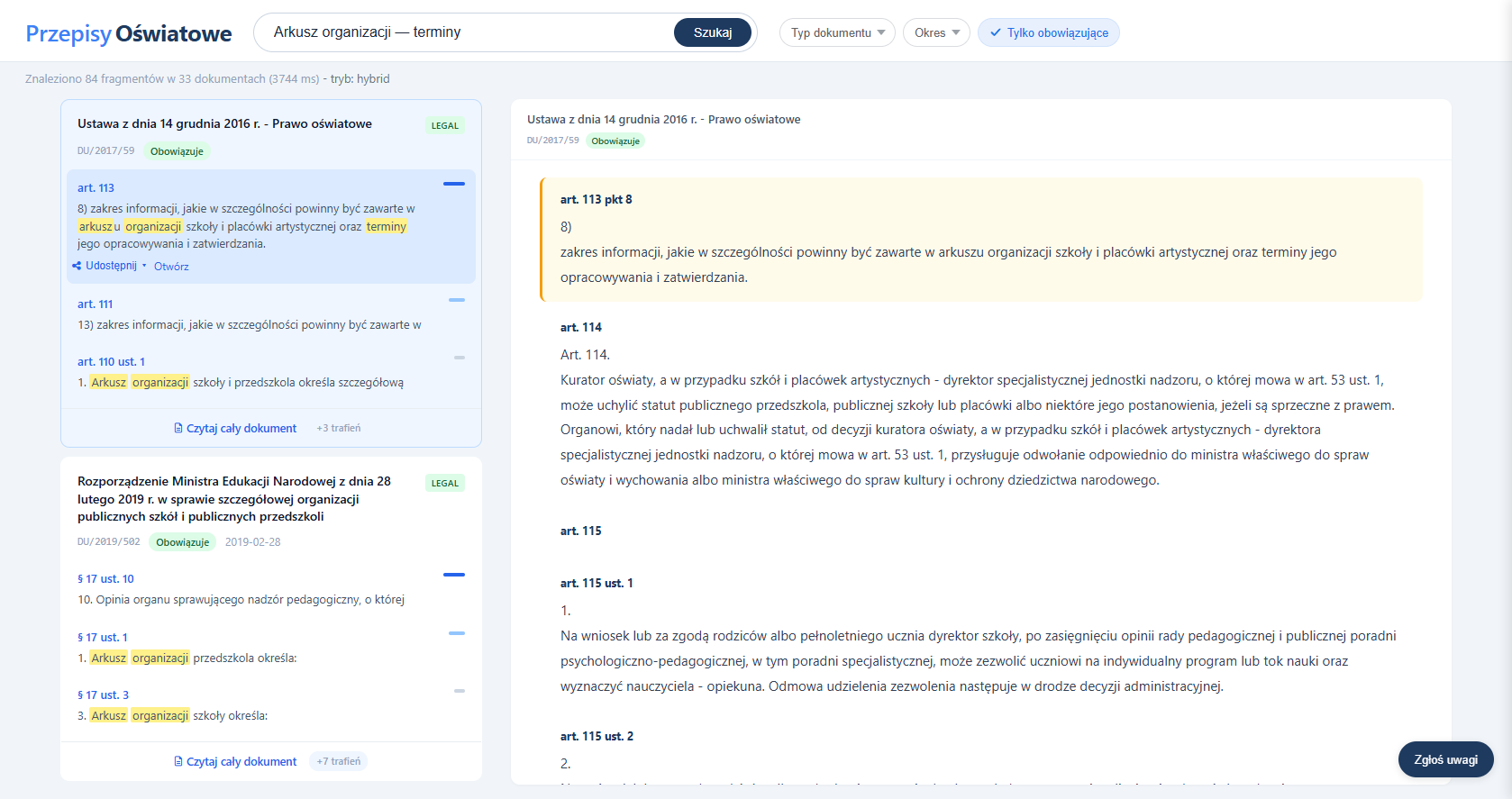 Search results with legal fragments and document view